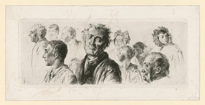 Egy elmegyógyintézetből származó vázlatlap. Tíz fej, többségük balra néz alkotó: Adolph Menzel