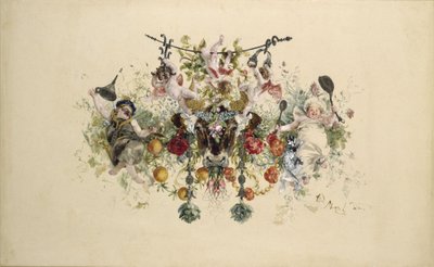 Asztali edényzet: sültestál puttókkal, pincemesterrel és szakáccsal alkotó: Adolph Menzel