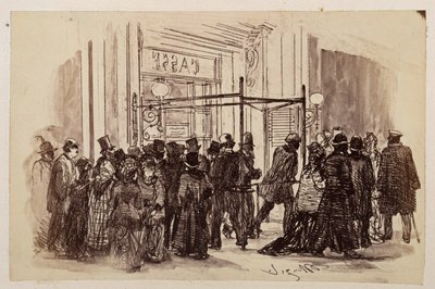 Színházi pénztár: a jegyvásárlók jobbról sorakoznak fel a kivilágított pénztár előtt, majd balra távoznak, Heinrich von Kleist „A törött kancsó” című darabjára alkotó: Adolph Menzel