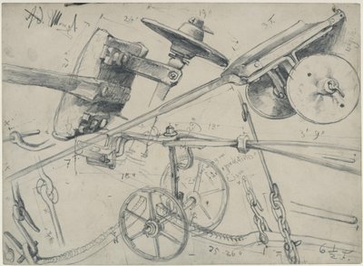 Szállítókocsi részletekkel és méretekkel. Tanulmány a „Vashengermű. Modern küklopszok” című műhöz alkotó: Adolph Menzel
