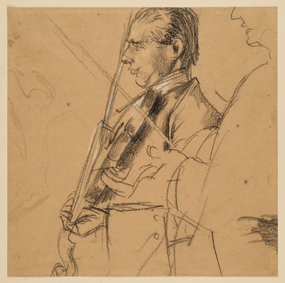 Hegedűs. Félalak. Balra néző profil. Jobbra profilvázlat. Tanulmány II. Frigyes sanssouci fuvolakoncertjét ábrázoló festményhez alkotó: Adolph Menzel
