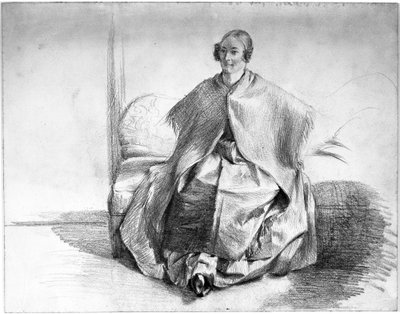 Női jelmezfigura kendővel, kanapén ülve alkotó: Adolph Menzel