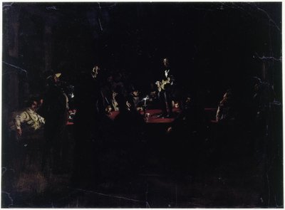 Buli egy nagy asztal körül és egy énekes alkotó: Adolph Menzel