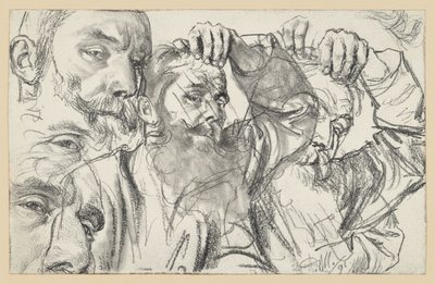 Két vázlat egy szakállas férfiról, aki bal kezével a homlokát simogatja; az arc kétszer ismétlődik alkotó: Adolph Menzel