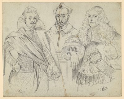Két méltóság 1620-ból és 1660-ból, középen egy bíboros. Történelmi ábrázolások másolatai alkotó: Adolph Menzel