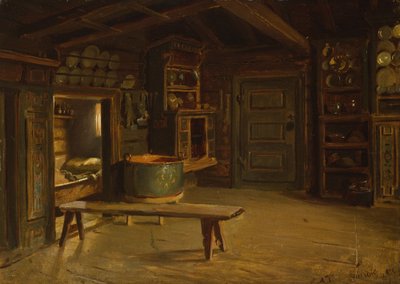 Parasztház belső tere Gulsvikból, Hallingdalból alkotó: Adolph Tidemand