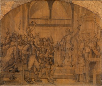 Gustav Vasa beszédet mond Dalarna népéhez a morai templomban alkotó: Adolph Tidemand