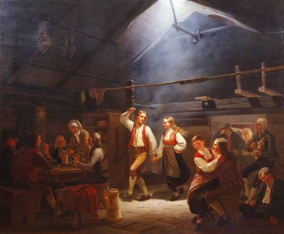 Vasárnap délután egy hardangerski dohányzóhelyiségben (festmény) alkotó: Adolph Tidemand