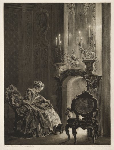 Esszé a kőről ecsettel és kaparóval: Nő olvasó a kandalló mellett alkotó: Adolph Menzel