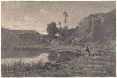 Egy lovas egy hegyi tó partján naplementekor alkotó: Adolphe Appian