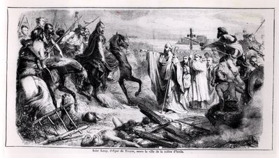 Szent Loup lóháton védi Troyes városát Attila hun (406-453 körül) ellen, illusztráció Franciaország történetéből, 19. század 2. fele (fekete-fehér fotó). alkotó: Adolphe Francois Pannemaker