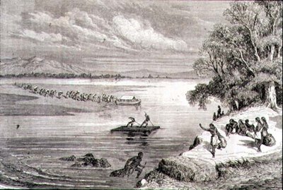 Átkelés a Colorado folyón az 1860-as években (metszet) alkotó: Adolphe Gusman