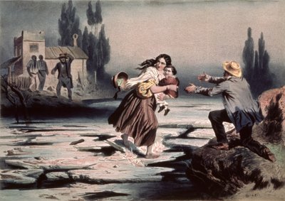 Eliza átkel az Ohio folyó jégtábláin a szabadság felé, illusztráció Harriet Beecher Stowe „Tom bácsi kabinjából”, Charles Bour (1814-81) metszet (litho) (lásd még: 90903) alkotó: Adolphe Jean Baptiste (after) Bayot