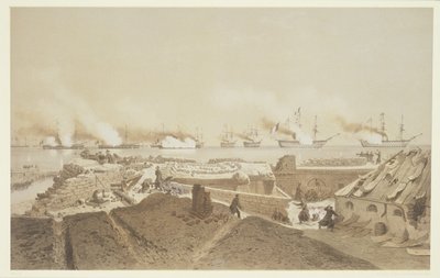Kil-Bouroun bombázása a Dnyeper folyó torkolatánál a francia flotta által, a Nos Souvenirs de Kil-Bouroun medálból LHiver passe dans Le Liman du Dnyeper, 1855-56, metszet: Eugene Ciceri (1 alkotó: Adolphe Jean Baptiste Bayot and Antoine Leon Morel Fatio