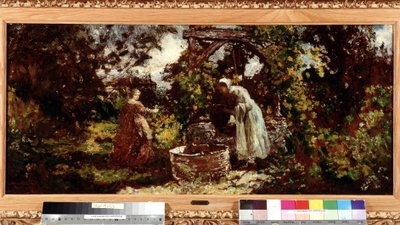 Elegánsnő és szobalánya a kútnál Adolphe Monticelli (1824-1886) festménye Dim. 34,5x69,5 cm Kötelező megemlítés: Gyűjtemény alapítványi üdvözlete Provence, Marseille alkotó: Adolphe Joseph Thomas Monticelli