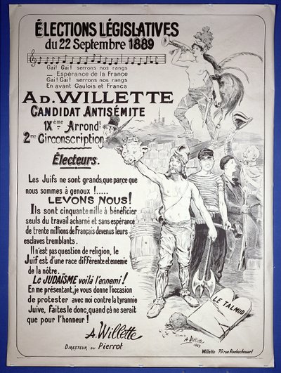 Plakát, amely az 1889. szeptemberi törvényhozási választáson a művész megválasztását népszerűsíti alkotó: Adolphe Leon Willette