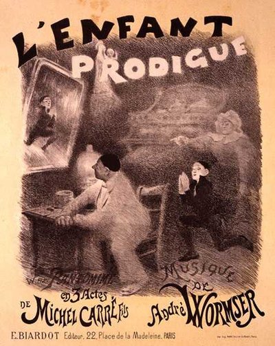 Egy plakát reprodukciója, amely a Michel Carre által rendezett "A tékozló fiú" című pantomimjátékot reklámozza. alkotó: Adolphe Leon Willette