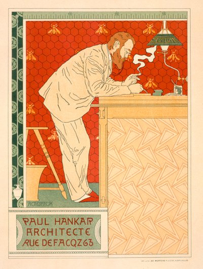 Paul Hankar építészeti gyakorlatát hirdető plakát reprodukciója, 1894 alkotó: Adolphe Louis Charles Crespin