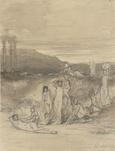 Klasszikus táj fekvő, álló és ülő aktfigurákkal és egy templomrommal alkotó: Adolphe René Lefèvre