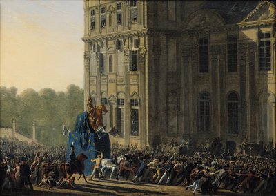 IV. Henrik (1553-1610) szobrának szállítása a Louvre Flora pavilonja előtt, 1818 alkotó: Adolphe Roehn