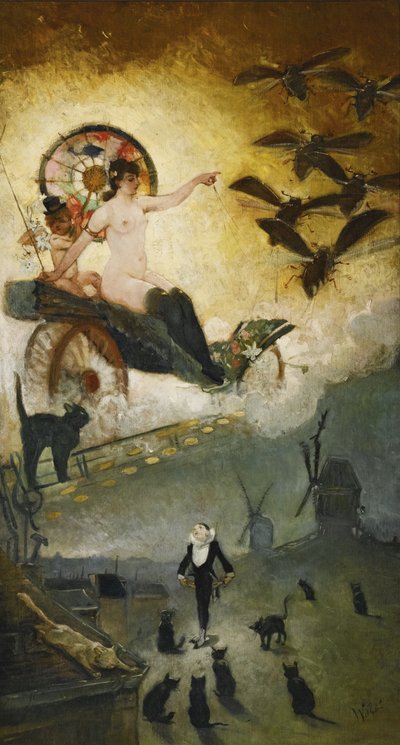 Búcsú a tizenkilencedik századtól. Tervezés a kabaré helyszínének, a Le Chat Noir-nak M-ben alkotó: Adolphe Leon Willette