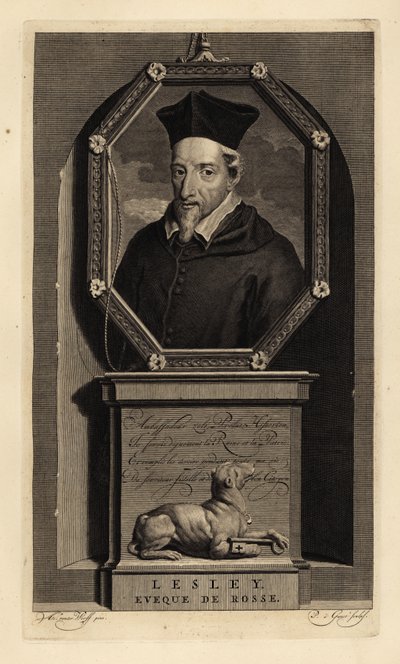 John Lesley skót történész és Ross püspöke. Rosse püspöke. Kutya kulccsal. Pieter Stevens van Gunst rézmetszete Adriaen van der Werff nyomán Isaac de Larrey Histoire d