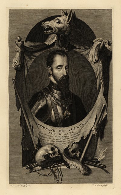 Ferdinand Alvarez de Toledo y Pimentel, Alba 3. hercegének vagy a vashercegnek a portréja. Aranygyapjú rendű páncélruhában, lánccal. Farkasbőrrel, emberi koponyákkal, karddal, tőrrel és kovaköves pisztollyal. Ferdinand de Tolede, d’Albe herceg. Réz alkotó: Adriaan van der (after) Werff