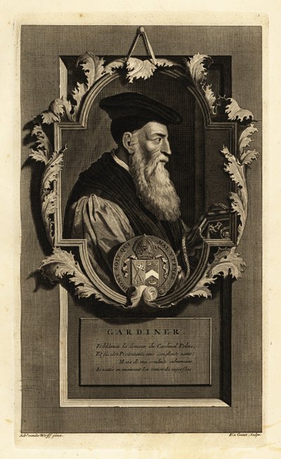 Stephen Gardiner, Winchester püspökének és politikusának portréja. Címerrel. Pieter Stevens van Gunst rézmetszete Adriaen van der Werff nyomán Isaac de Larrey Histoire d