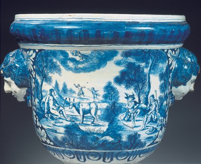 Nagy delfti kék-fehér mitológiai kerti urna hátoldala barokk stílusban, 1700 körül (kerámia) alkotó: Adriaen (fl.1868 d.1701) (attr.to) Kocks