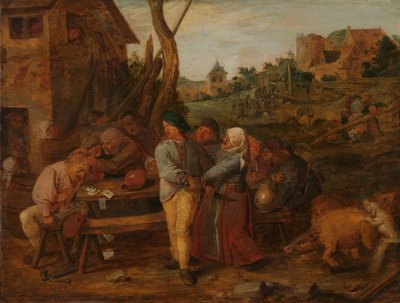 Kártyaharc egy vidéki tavernán kívül alkotó: Adriaen Brouwer