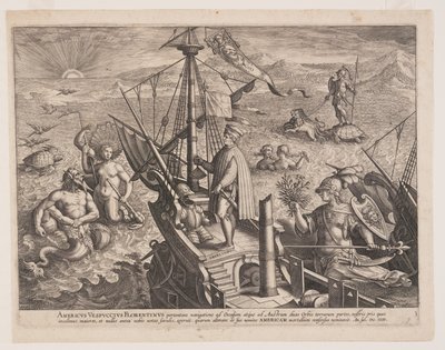 Amerigo Vespucci a hajóján, az Americae Retectio (Amerika felfedezése) című könyvből. alkotó: Adriaen Collaert