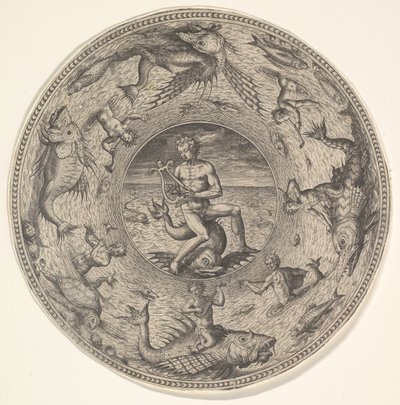 Arion egy delfinen, tengeri lényekkel díszített szegéllyel körülvéve, egy halmazból..., 1580-1600. alkotó: Adriaen Collaert