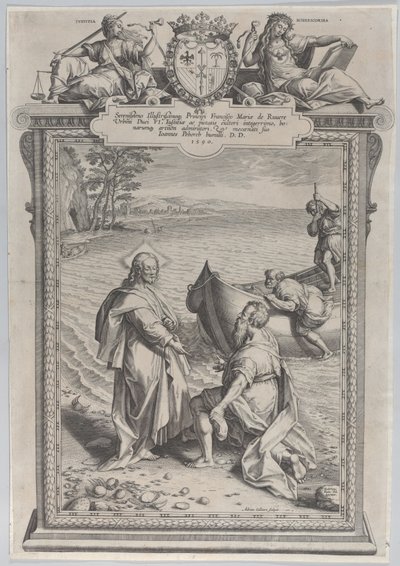 Krisztus hívja Szent Andrást, aki letérdel előtte a tengerparton, és Szent Pétert, aki mászik..., 1590. alkotó: Adriaen Collaert