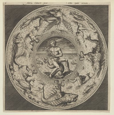 Tervezés egy tányérhoz Arion delfinnel lovagolva egy medálban, amelyet tengeri szörnyek határolnak..., c1600. alkotó: Adriaen Collaert