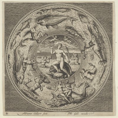 Tervezés egy tányérhoz Galateával egy kagylón, amelyet trombitások szegélyeznek egy éremszegélyben..., c1600. alkotó: Adriaen Collaert