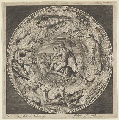 Tervezés egy tányérhoz Neptunnal a kagylóban, amelyet lovak rajzoltak egy medálba, határolja ..., c1600. alkotó: Adriaen Collaert