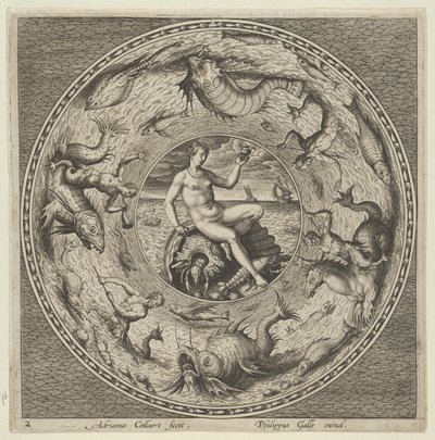 Tervezés egy tányérhoz Thetis-szel egy kagylón egy medálban, amelyet tengeri szörnyek határolnak, c1600. alkotó: Adriaen Collaert
