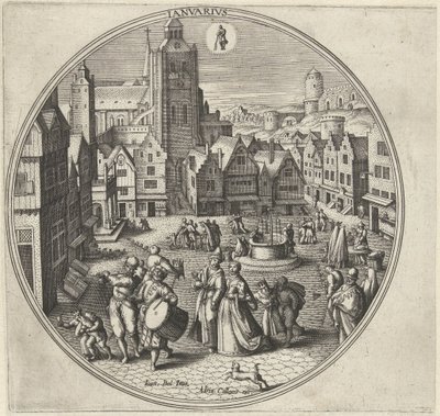 január Ianvarivs (cím az objektumon) A tizenkét hónap (sorozat címe) alkotó: Adriaen Collaert