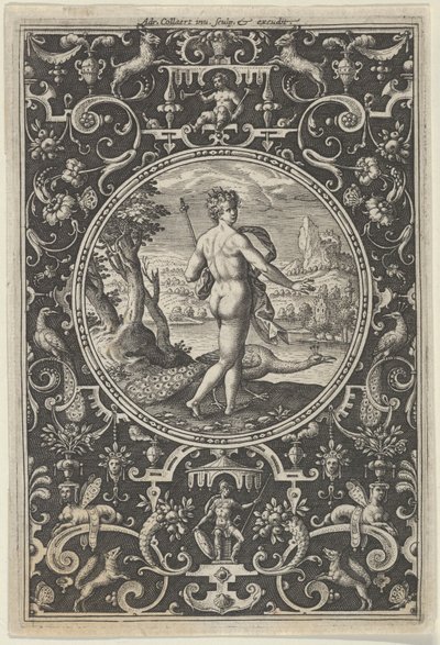 Juno dekoratív keretben groteszkekkel, a párizsi ítéletből, kb. 1580-..., c1580-1600. alkotó: Adriaen Collaert