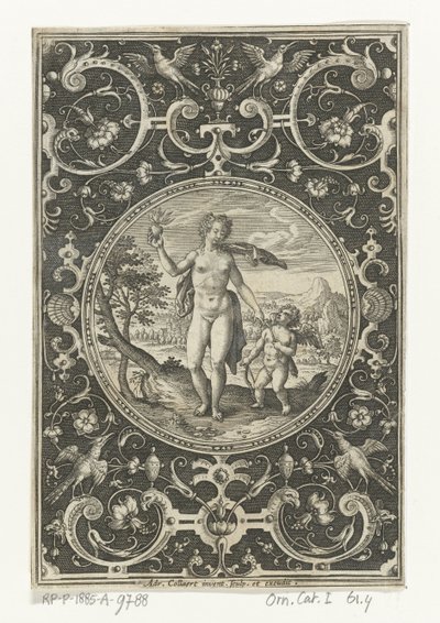 Medallion Vénusszal és Ámorral groteszk keretben virágokkal, füzérekkel, állatokkal és mascaronokkal Medálok a párizsi ítélet figuráival (sorozat címe) alkotó: Adriaen Collaert