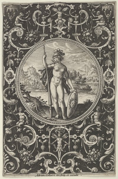 Minerva dekoratív keretben groteszkekkel, a párizsi ítéletből, 1580-1600. alkotó: Adriaen Collaert