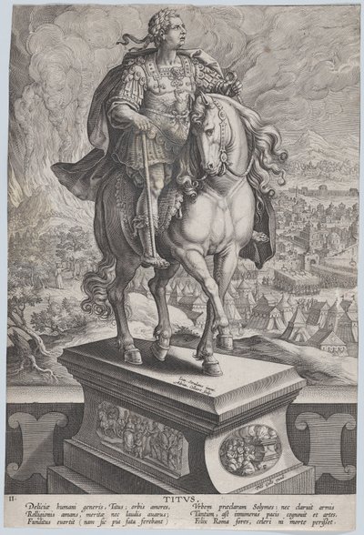 11. tábla: Titusz lovas szobra, háromnegyed jobbra látható, Vezúv..., kb. 1587-89. alkotó: Adriaen Collaert