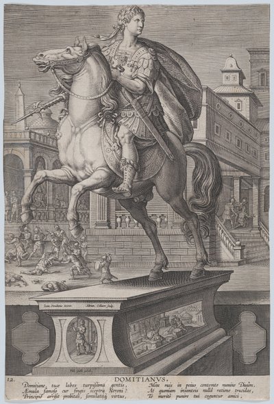 12. tábla: Domitianus lovas szobra, háromnegyed balra látható, ..., kb. 1587-89. alkotó: Adriaen Collaert