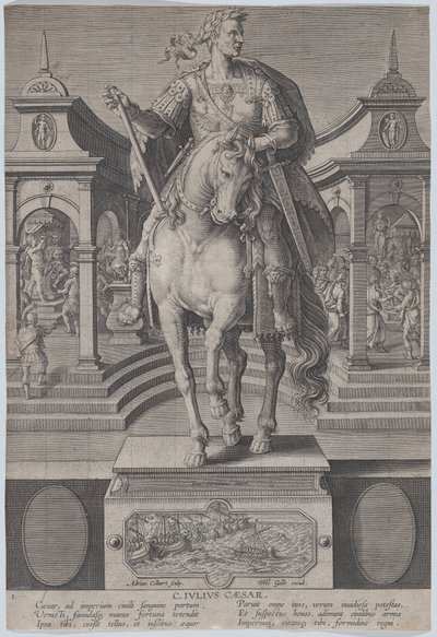 1. tábla: Julius Caesar lovas szobra, szemből nézve, egy..., kb. 1587-89. alkotó: Adriaen Collaert