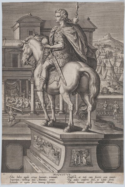 2. tábla: Augustus lovas szobra, földgömböt tartva hátulról nézve, ..., kb. 1587-89. alkotó: Adriaen Collaert