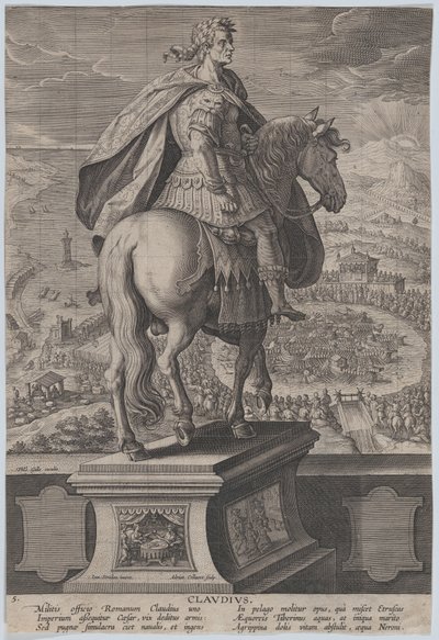 5. tábla: Claudius lovas szobra, hátulról, tengeri verseny a ri..., kb. 1587-89. alkotó: Adriaen Collaert