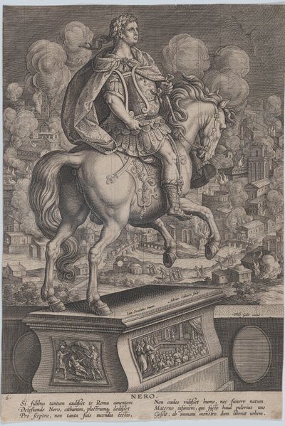 6. tábla: Néró lovas szobra, hátulról nézve, a római nagy tűzvész a..., kb. 1587-89. alkotó: Adriaen Collaert