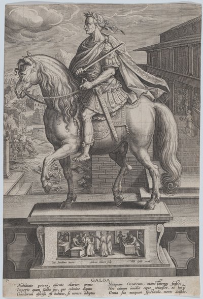 7. tábla: Galba lovas szobra, profilban balra, lefejezési jelenettel..., kb. 1587-89. alkotó: Adriaen Collaert