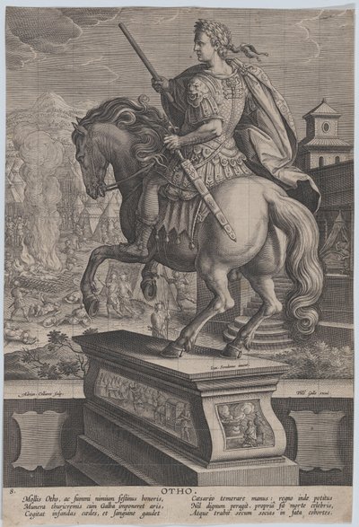 8. tábla: Otho lovas szobra, hátulról nézve, a háttérben halála..., kb. 1587-89. alkotó: Adriaen Collaert