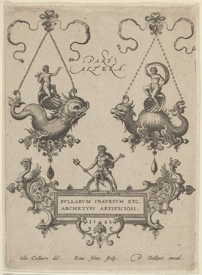 Címtábla két medálmintával felül és Neptunusz kartonon állva, 1582. alkotó: Adriaen Collaert